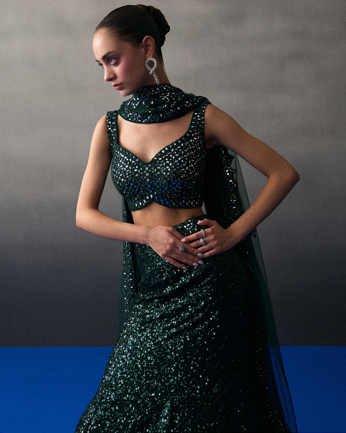 Green Sequins Georgette Skirt Set