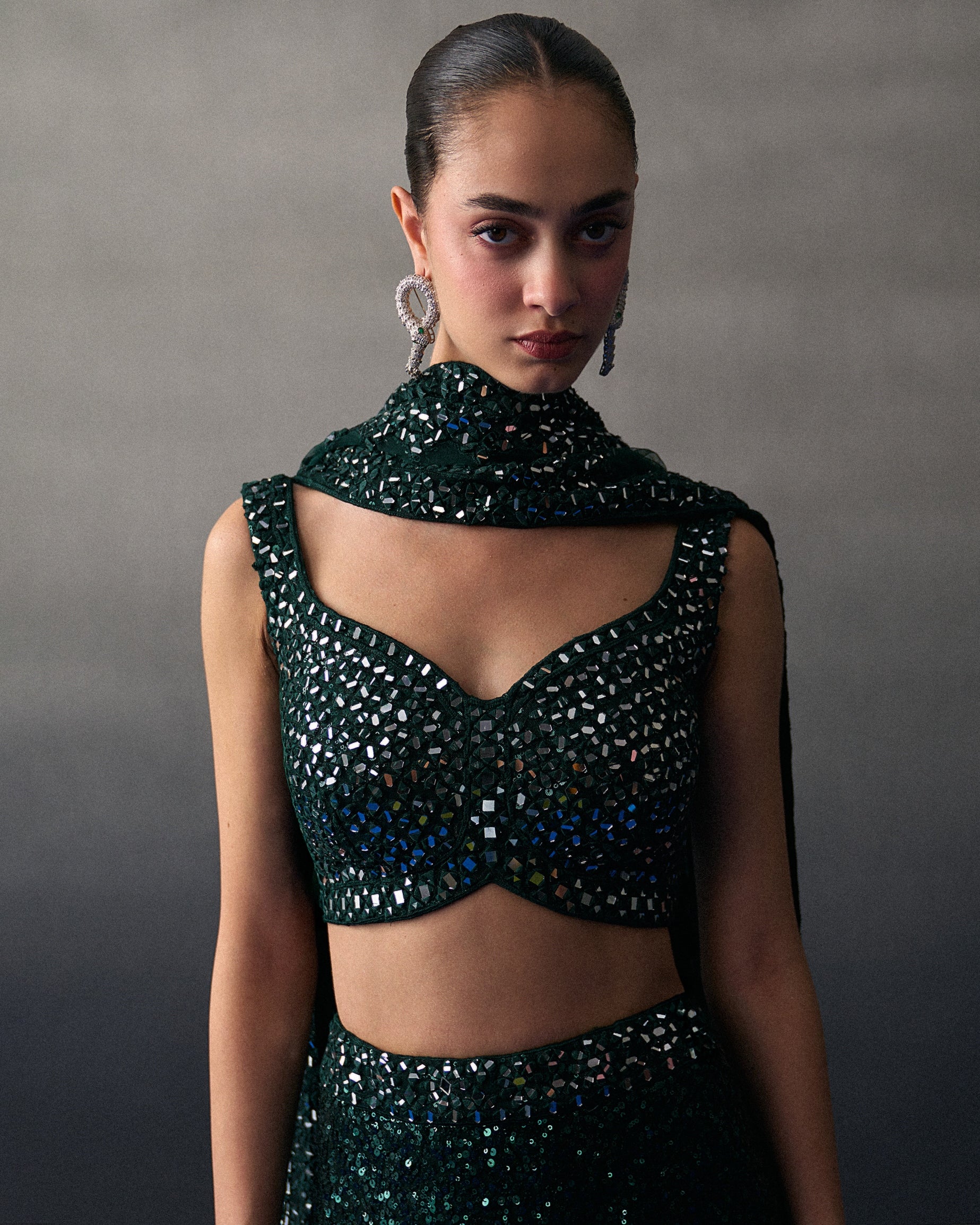 Green Sequins Georgette Skirt Set