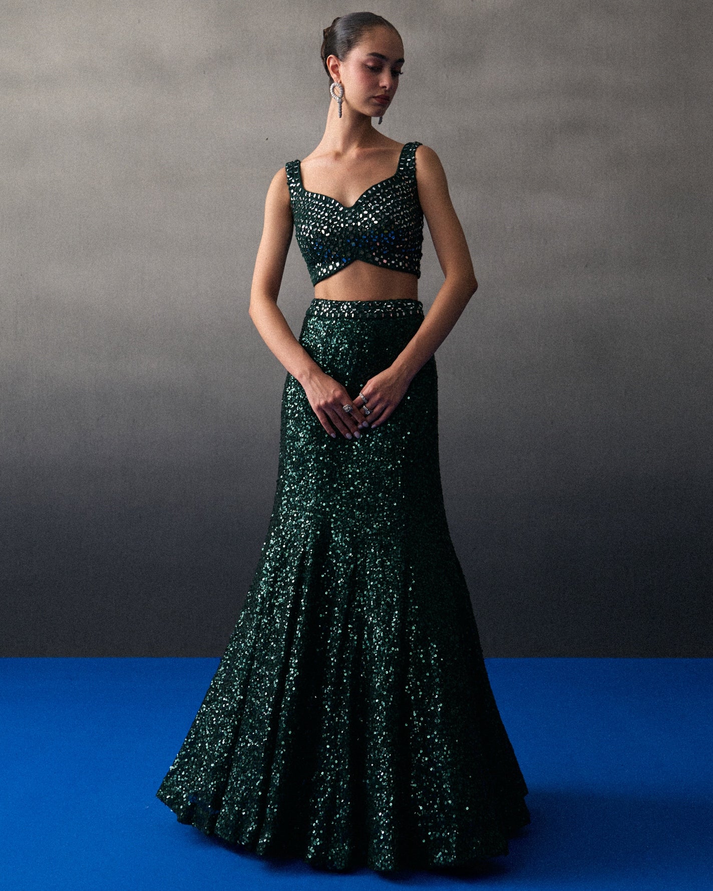 Green Sequins Georgette Skirt Set