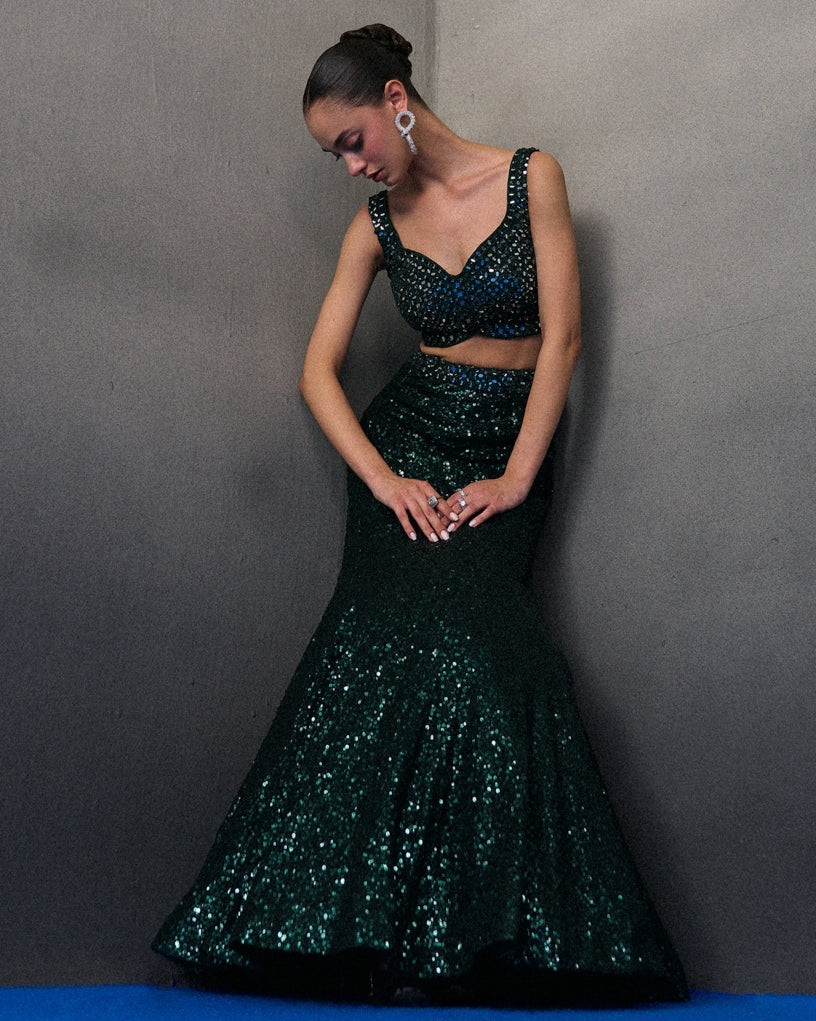 Green Sequins Georgette Skirt Set