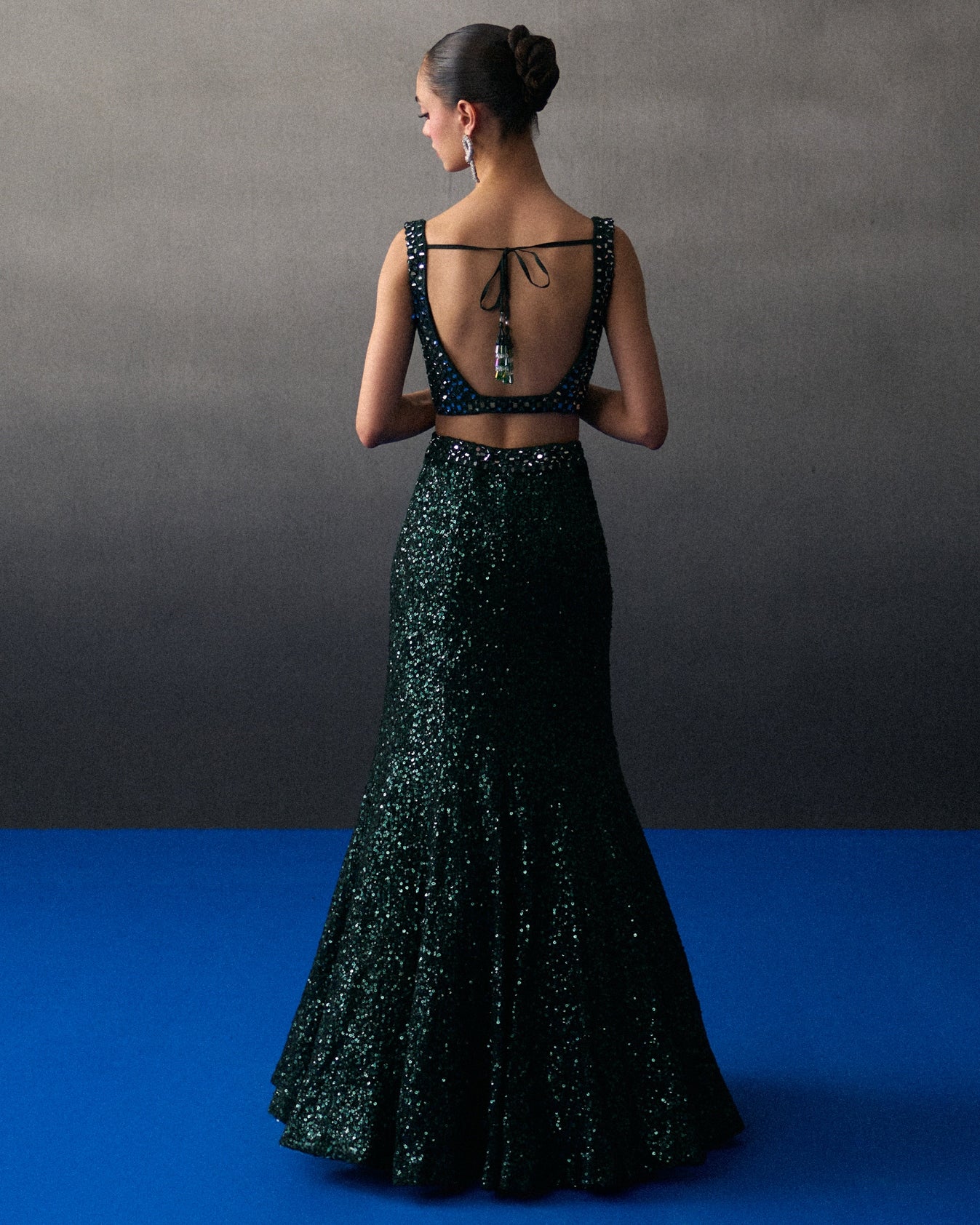 Green Sequins Georgette Skirt Set