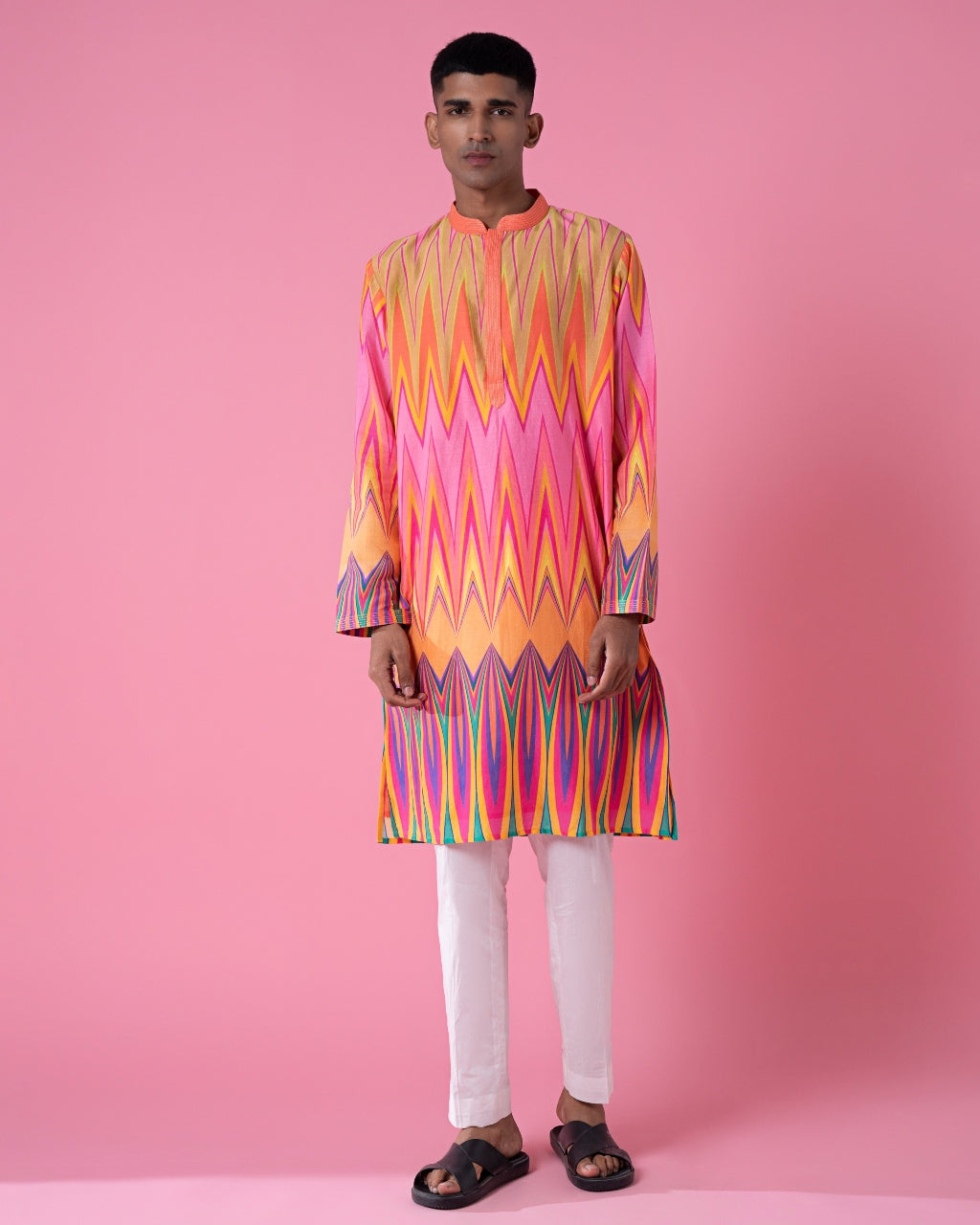 Yellow Pink Chevron Printed Kurta Set