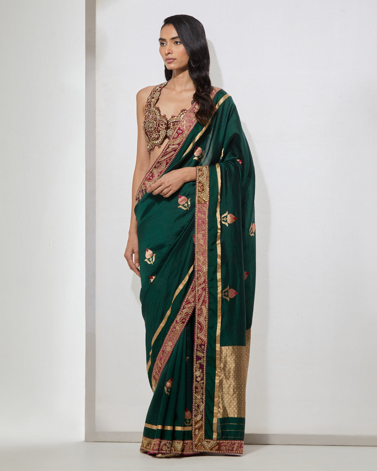 Emerald Green Zardozi Sari With Blouse
