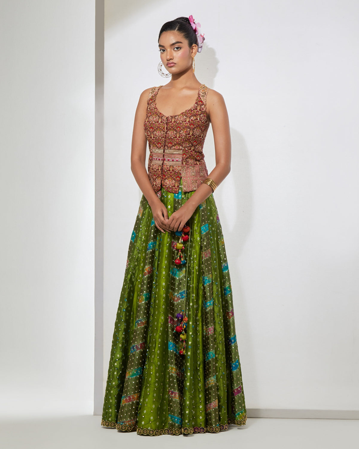 Rust Vintage Corset & Green Lehenga Set