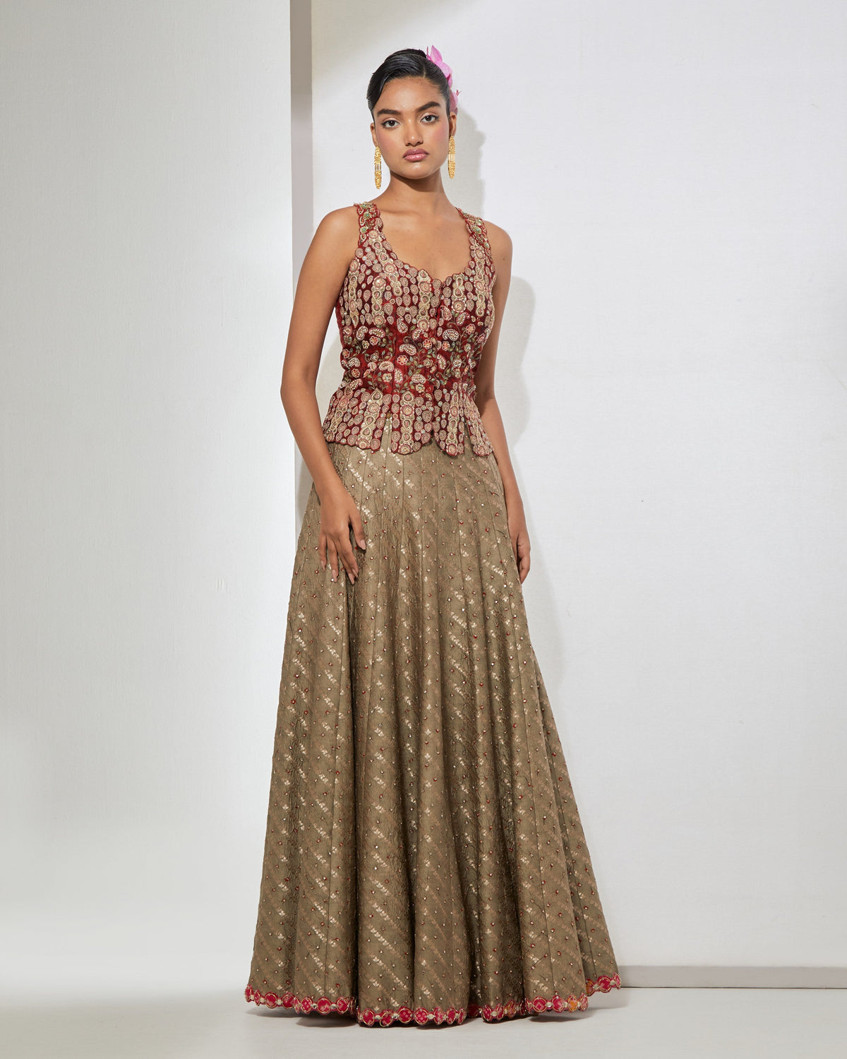 Maroon Peplum Corset & Bandhani Lehenga