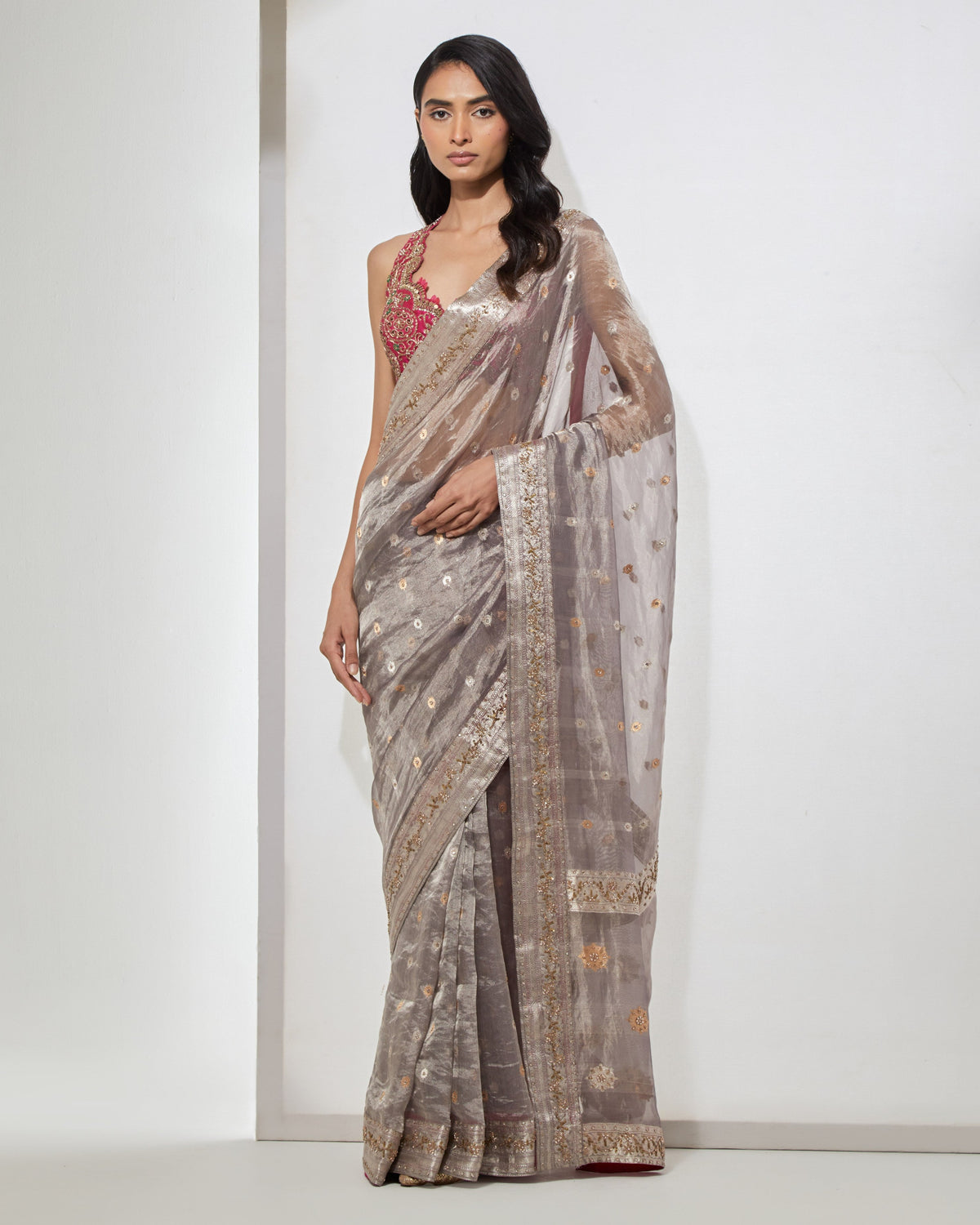 Ash Gray Zardozi Sari With Blouse