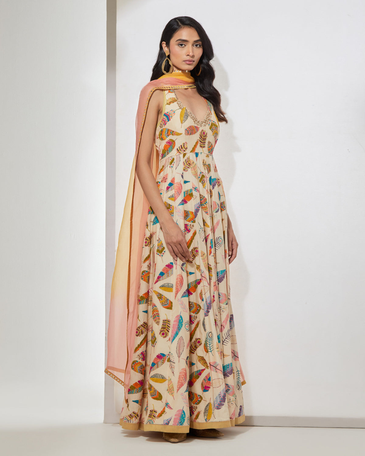 Ivory Feather Printed Anarkali With Dupatta
