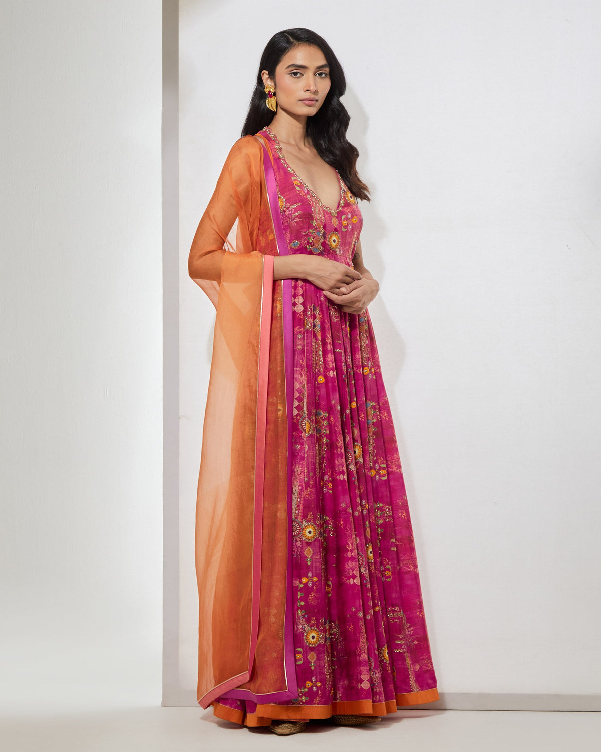 Fuchsia Floral Anarkali With Dupatta