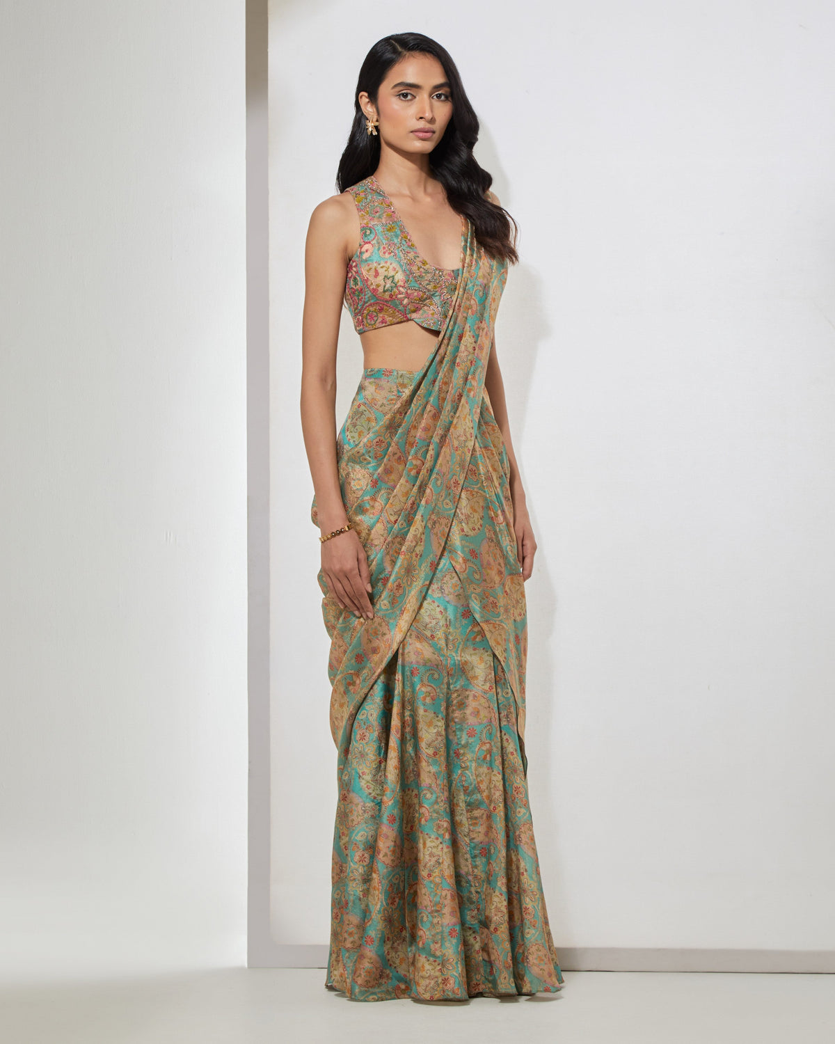Aqua Paisley Sari With Corset