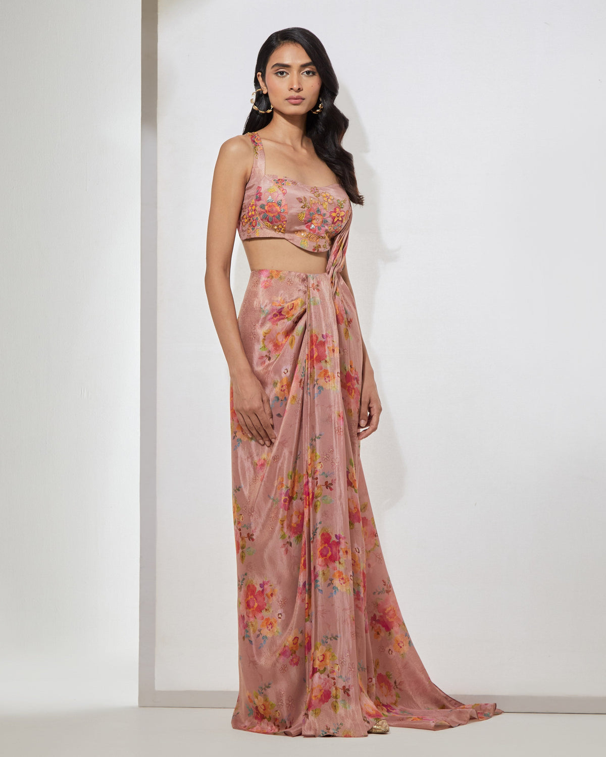 Blush Pink Floral Sari With Corset