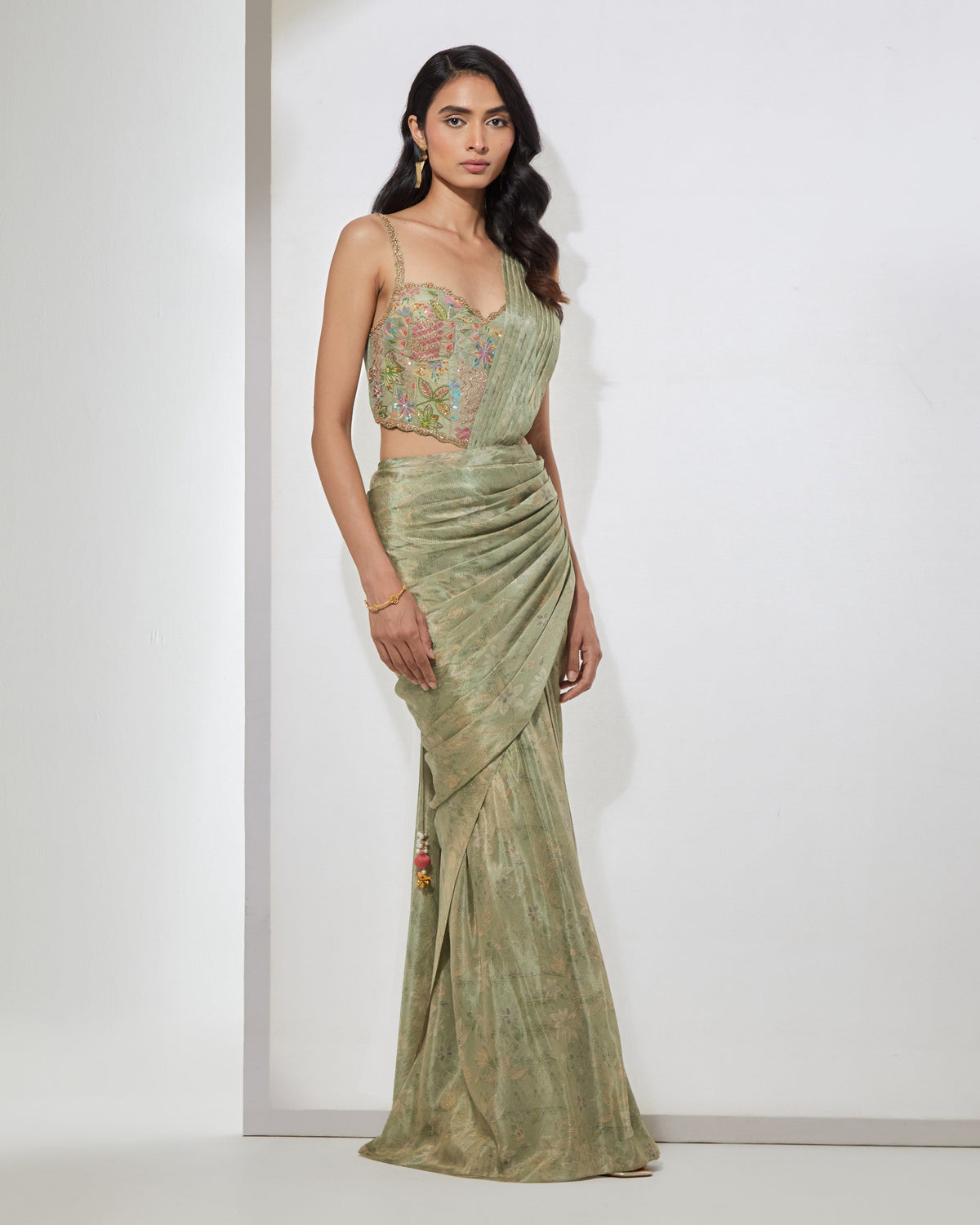 Sage Green Pre-draped Sari With Corset