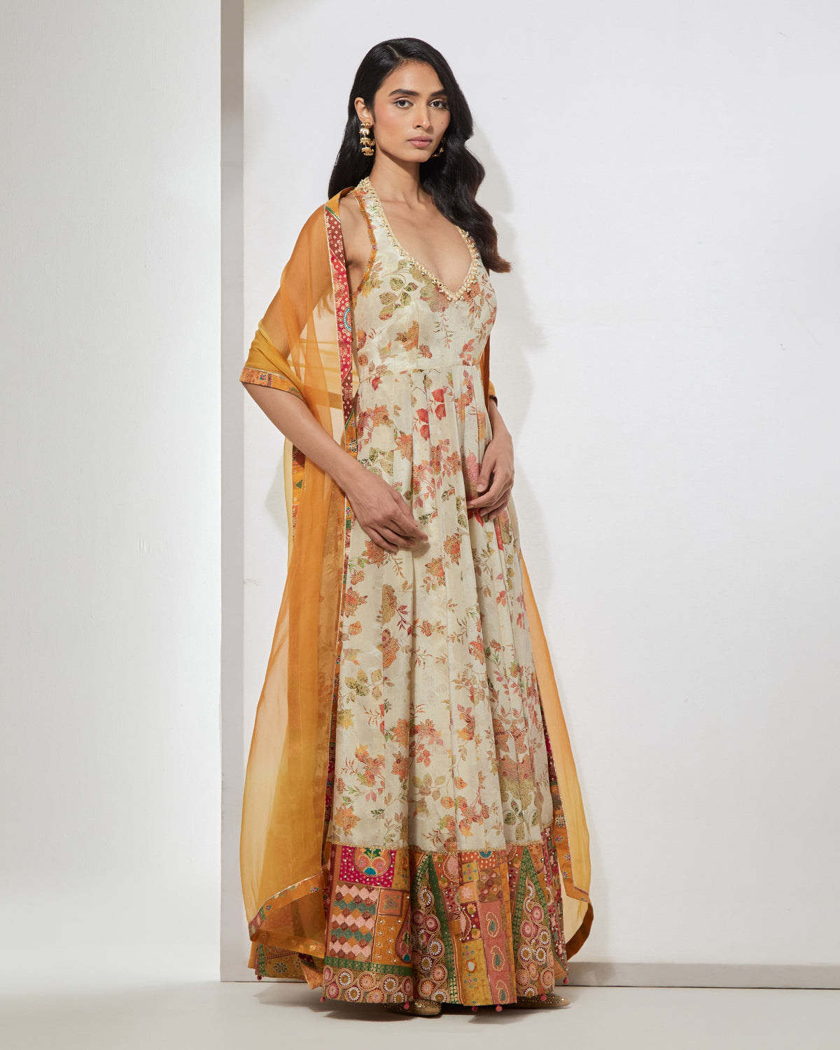 Ivory Floral Anarkali With Dupatta