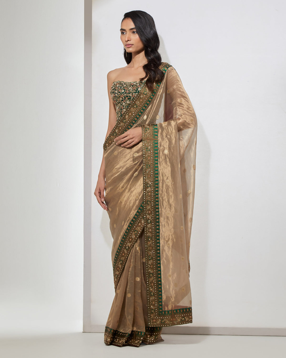 Antique Gold & Emerald Sari With Corset