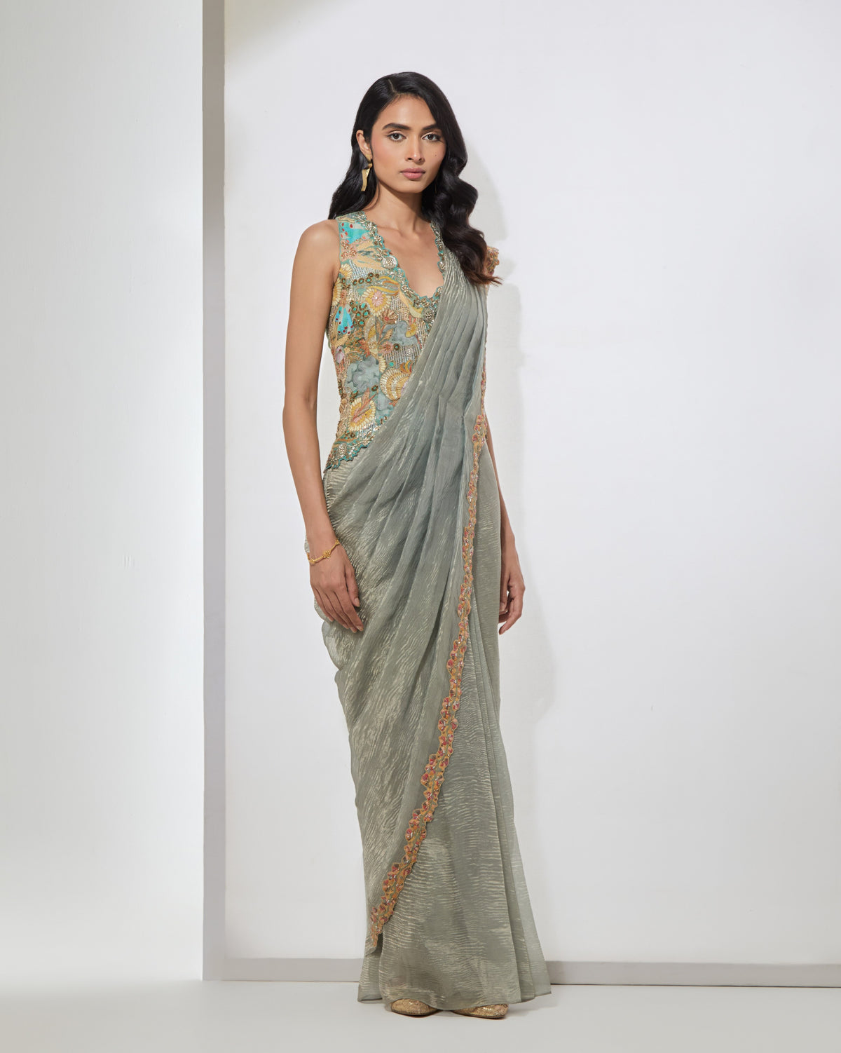 Powder Blue Pre-draped Sari With Corset