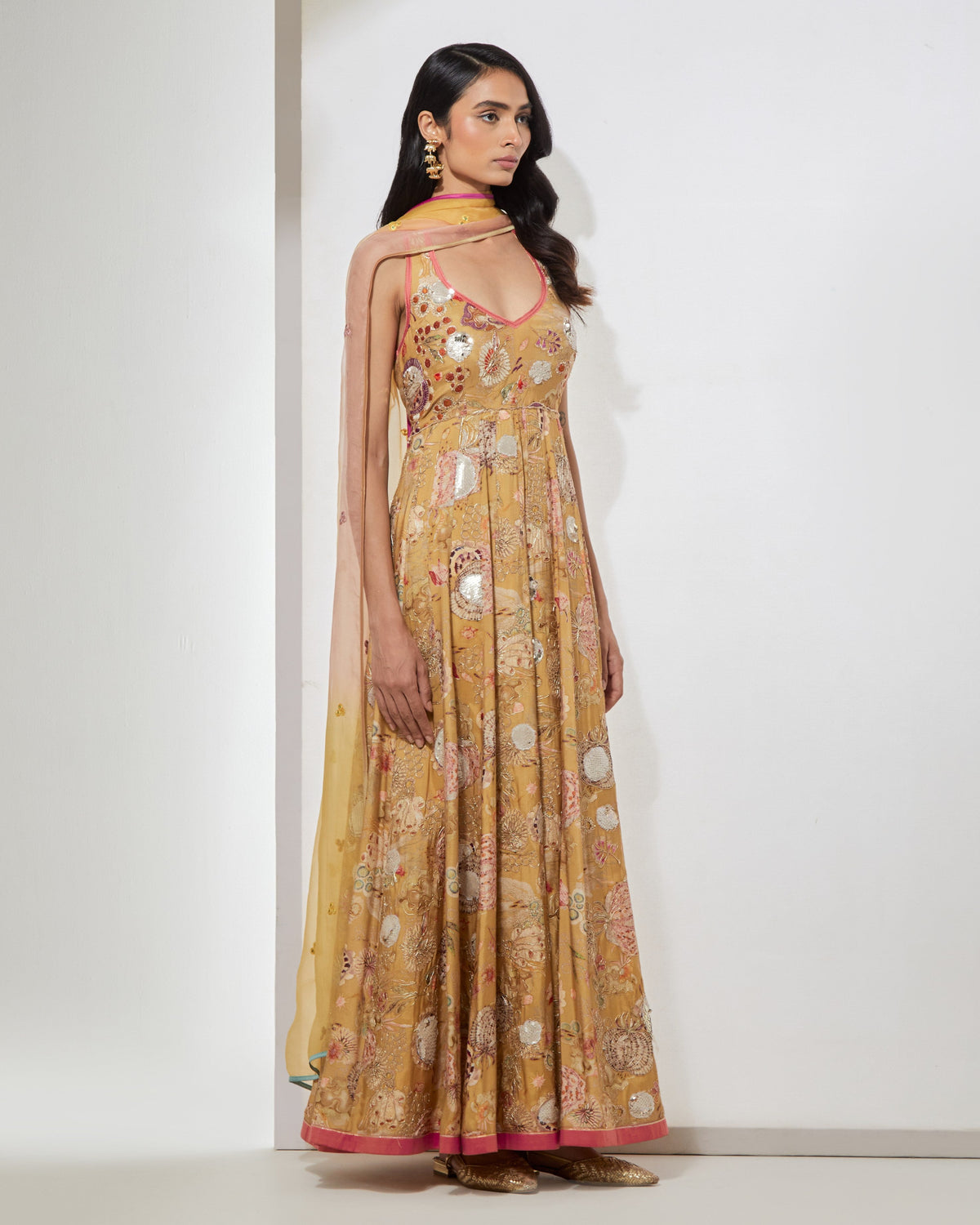 Yellow Floral Anarkali With Dupatta