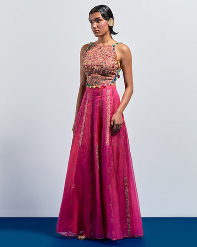 Fuchsia Embroidered Corset Skirt Set