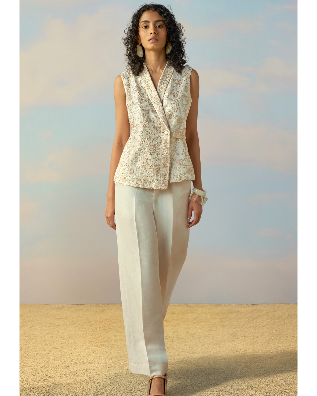 Linen Embroidered Waistcoat & Straight-Cut Pant Set