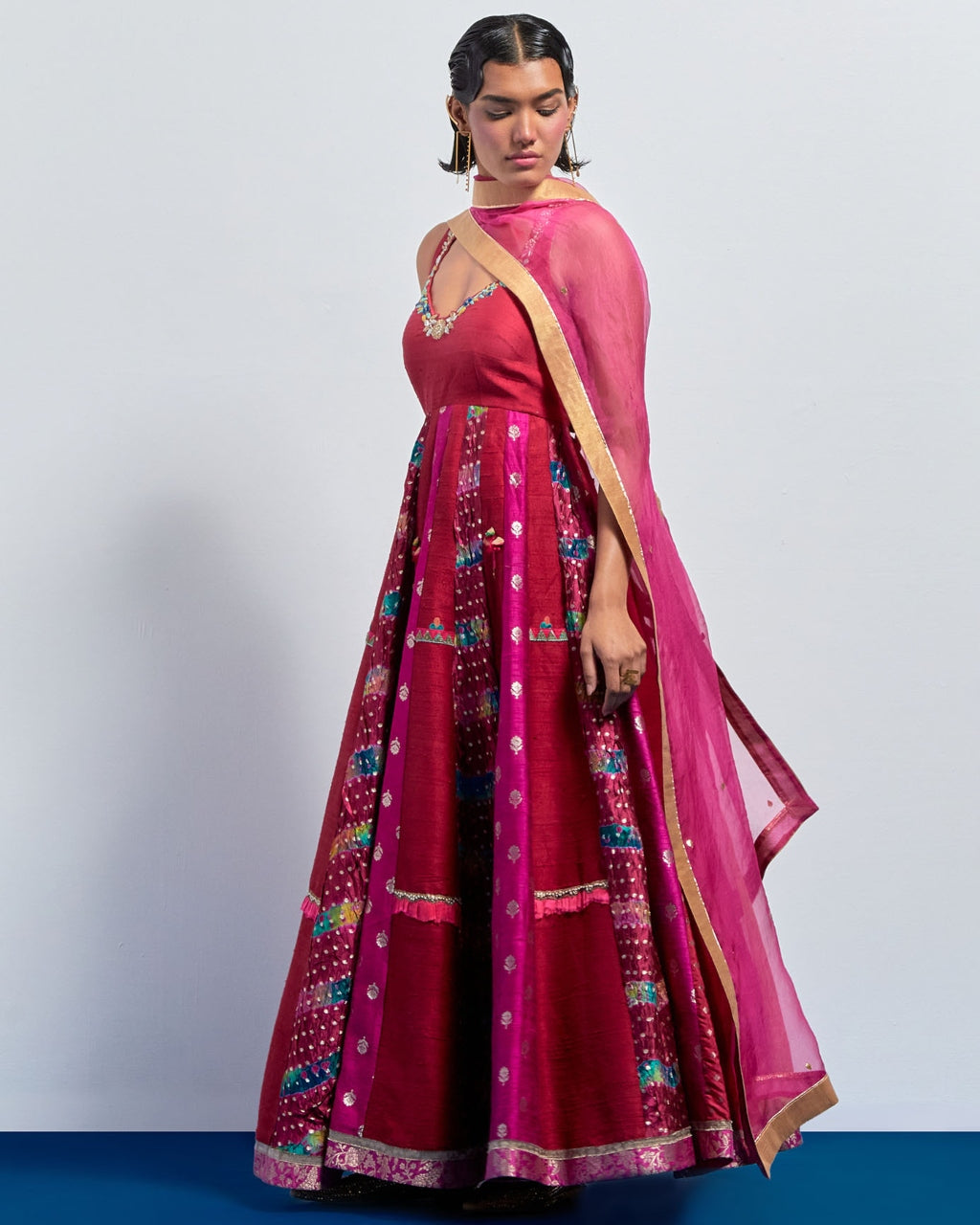 Magenta Embroidered Anarkali Dupatta Set.