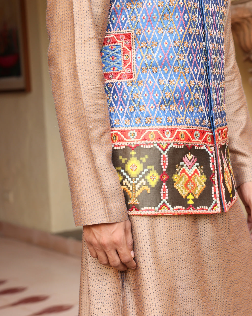 Royal Blue Silk Ikat Patchwork Bandi Set