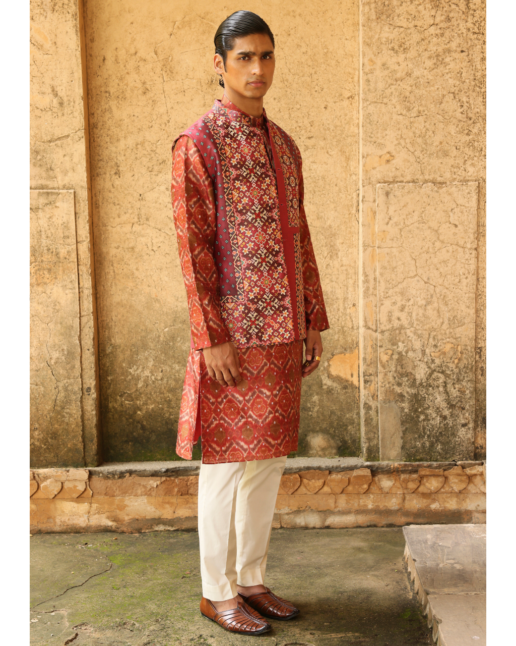 Rust Ikat Silk Bundi Set