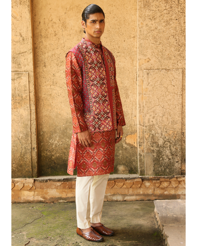 Rust Ikat Silk Bundi Set