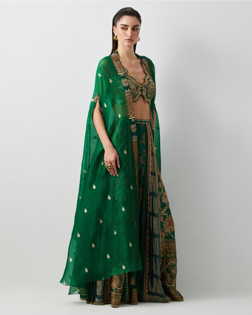 Emerald Green Hand Embroidered Cape Set