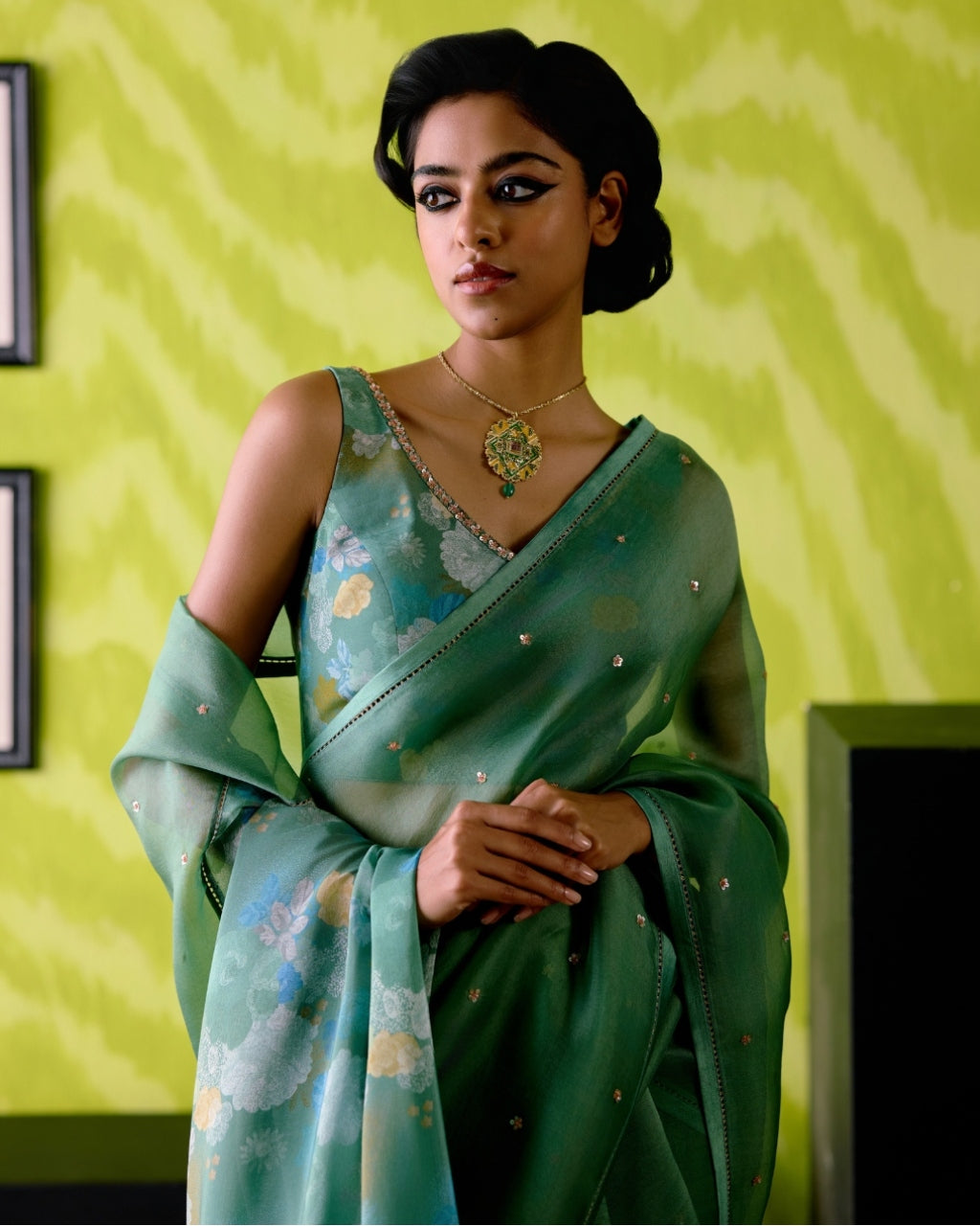 Green Apple Organza Sari With Blouse Set