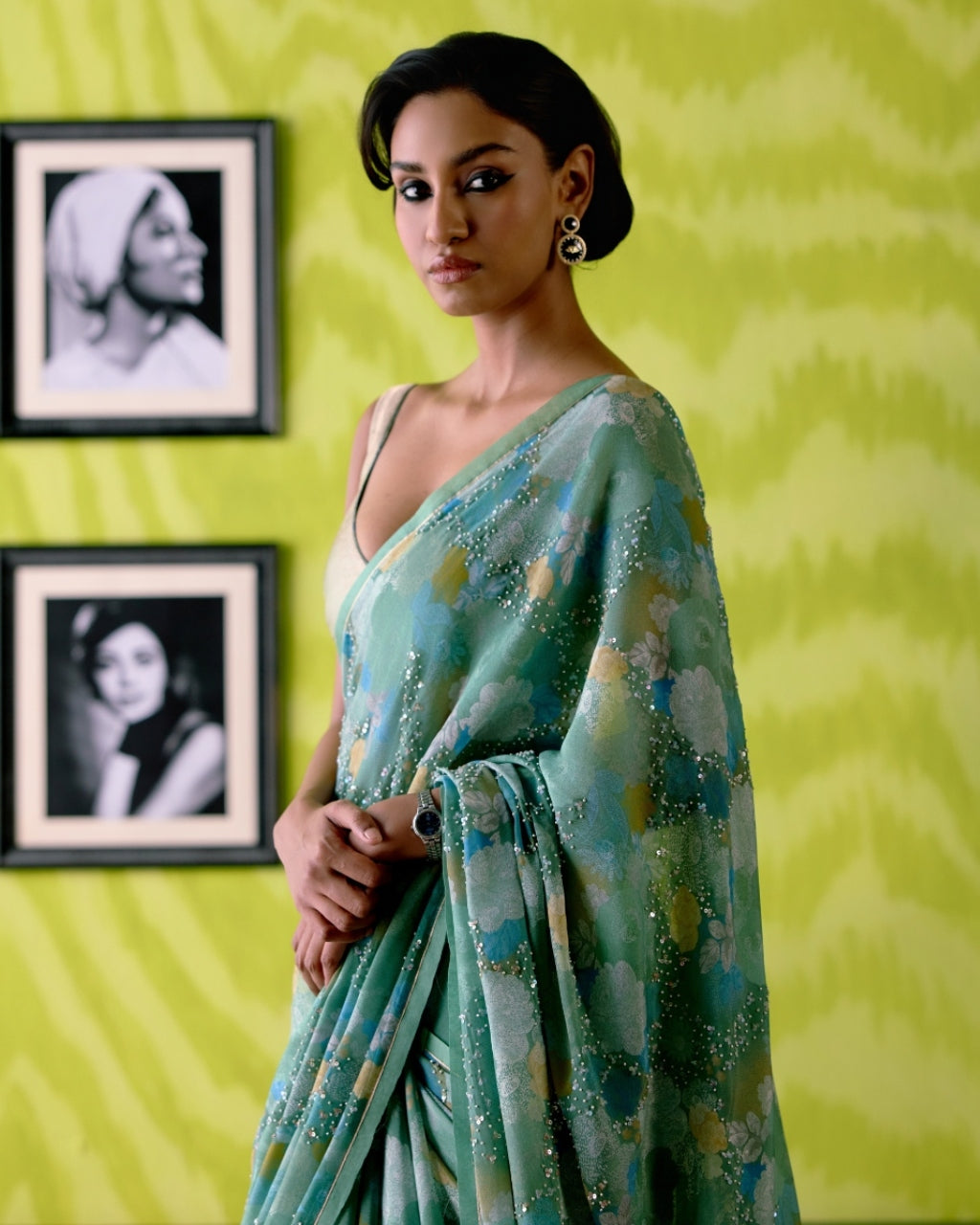 Green Apple Floral Print Sari With Blouse Set