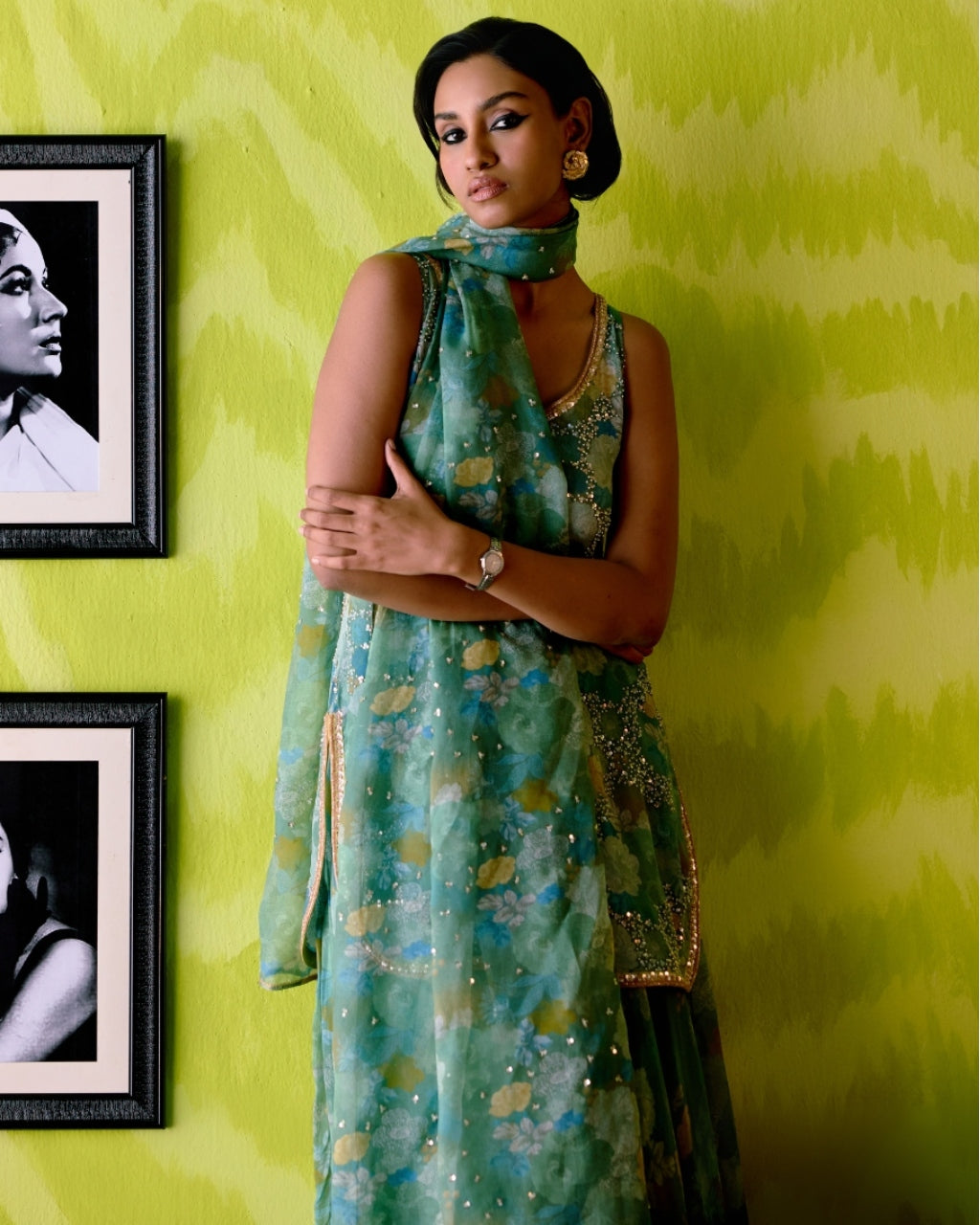 Green Apple Floral Print Short Kurta Set