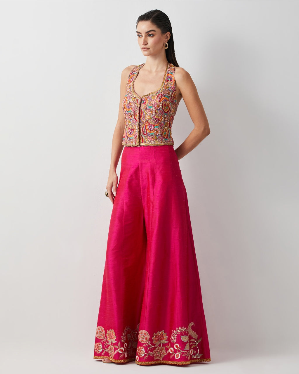 Hot Pink Embroidered And Multi Corset Plazzo Set