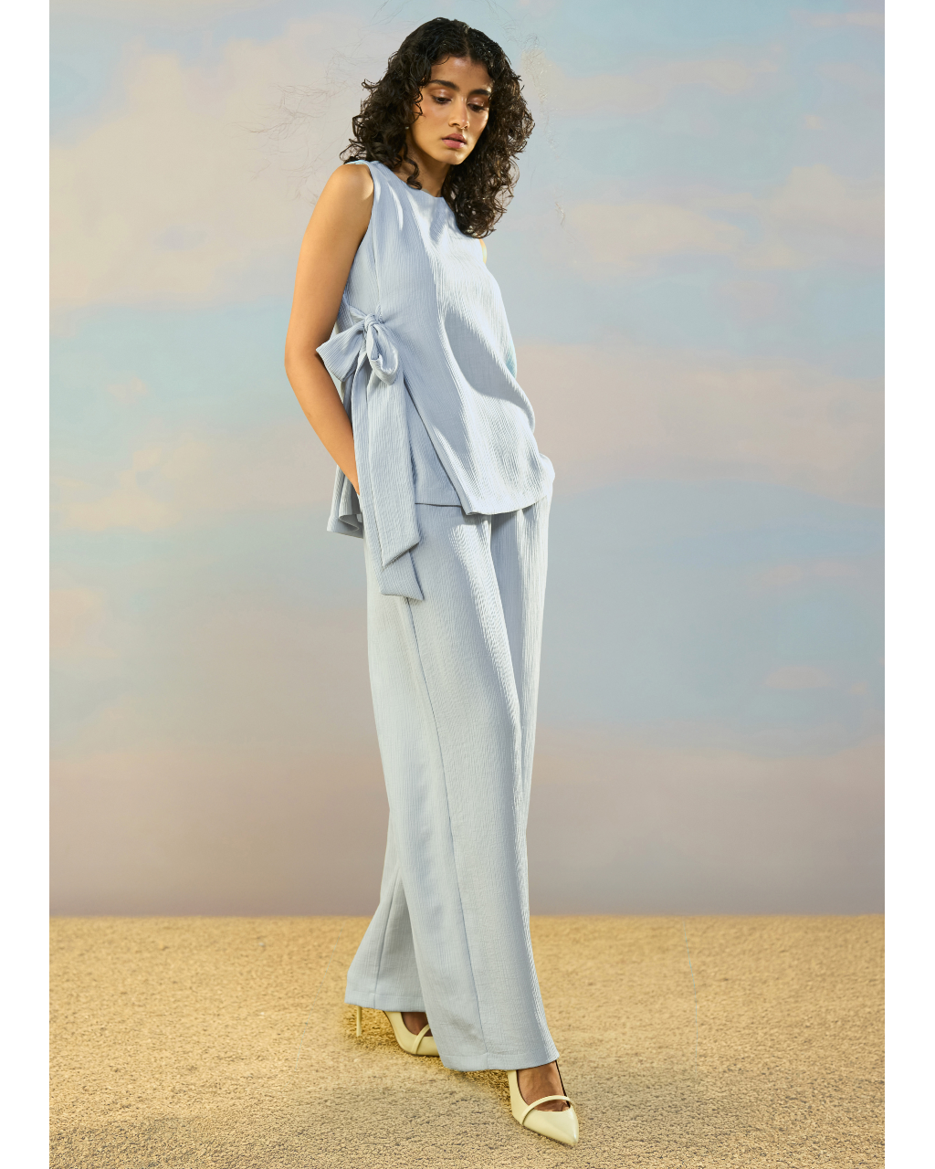 Textured Side-Tie Top & Wide-Legged Pant Set