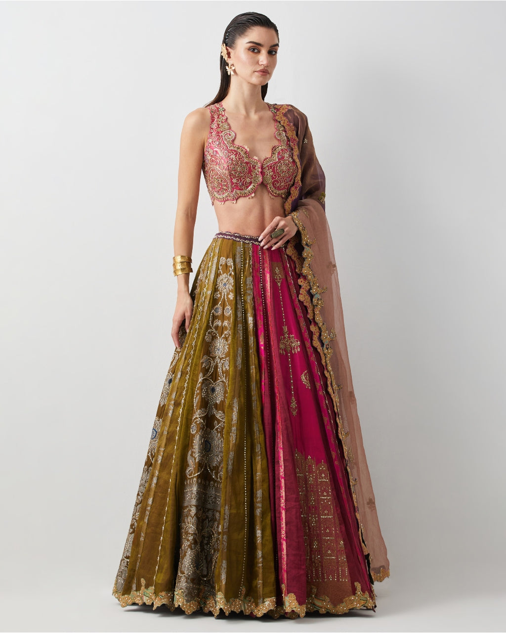 Multicolour Tissue & Silk Hand Embroidered Lehenga Set