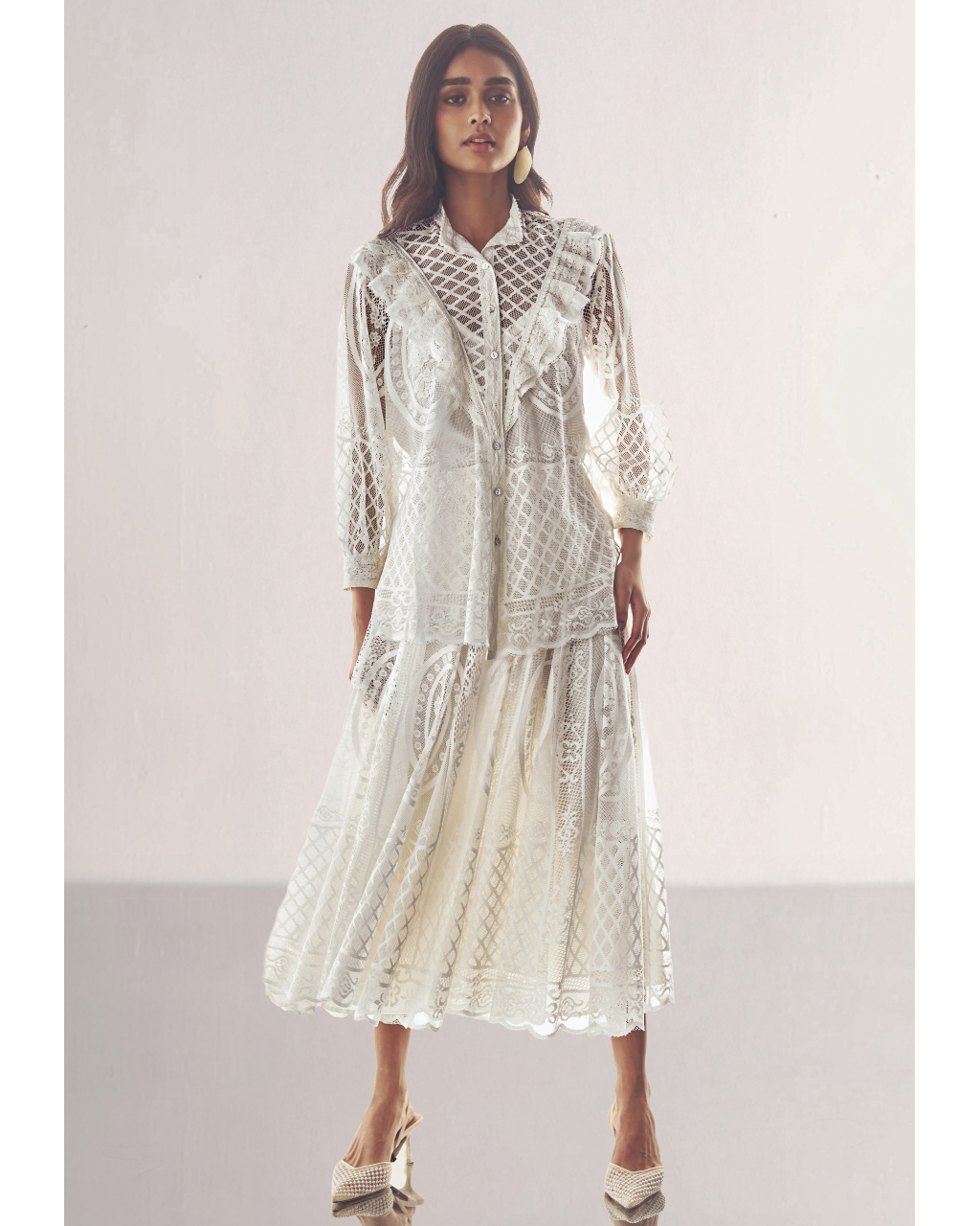 Lace & Ruffle Shirt & A-Line Lace Skirt