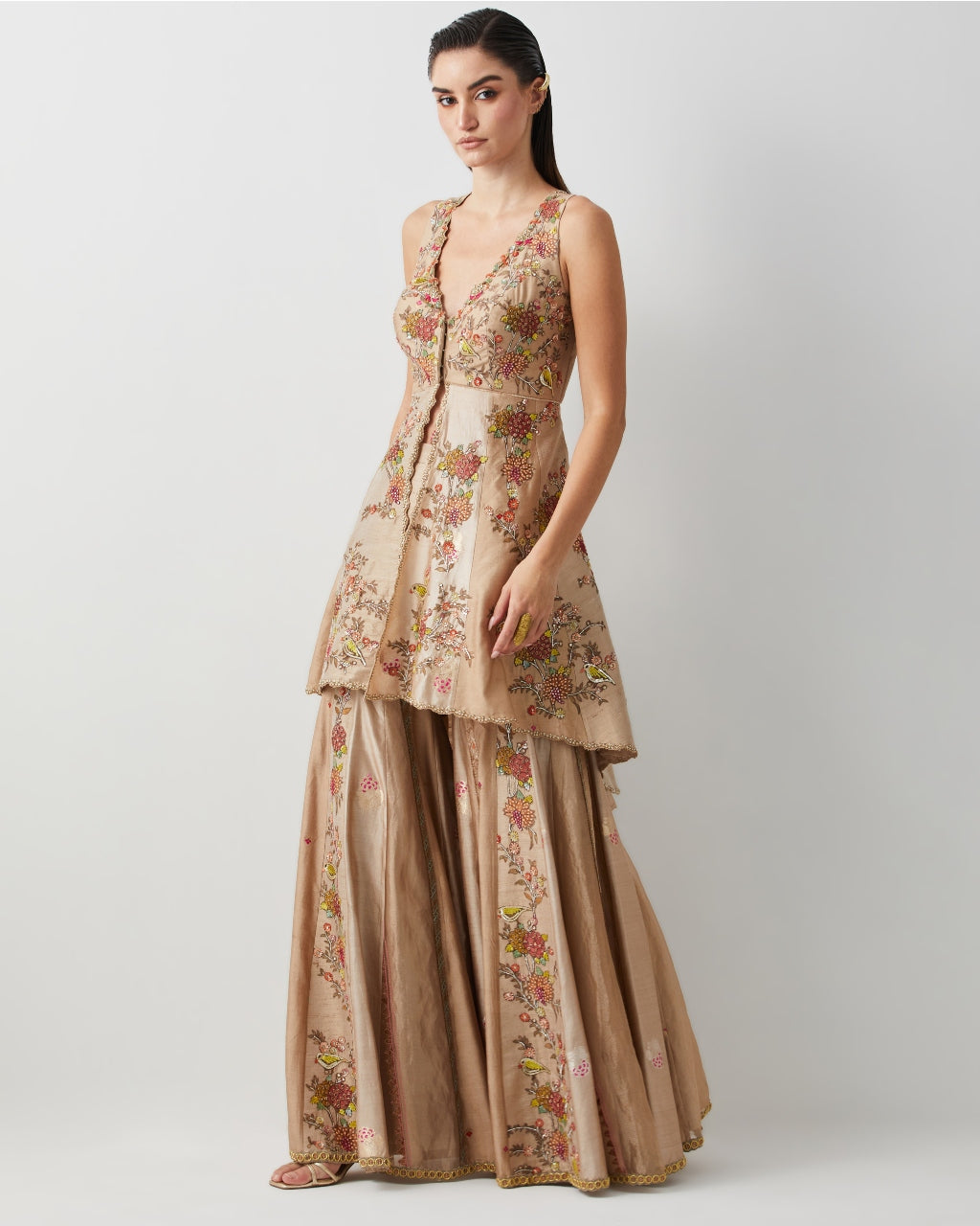 Ivory Silk Embroidered Peplum Sharara Set