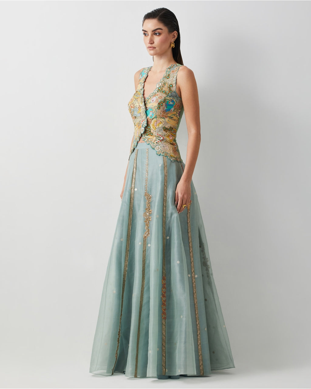 Aqua Embroidered Skirt Corset Set