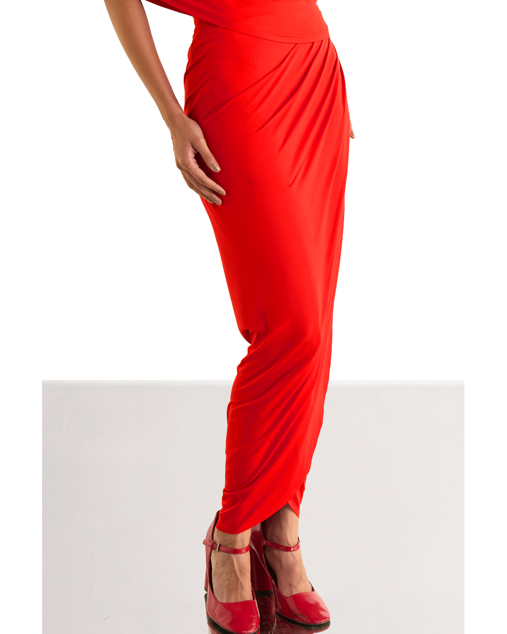 One Shoulder Draped Knit Top & Ruched Draped Knit Skirt