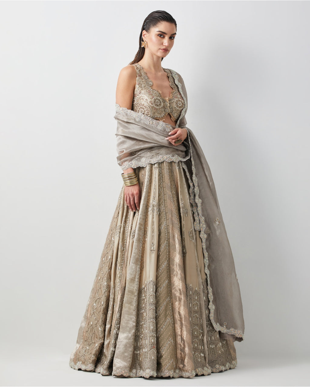 Silver Hand Embroidered Silk Brocade Lehenga Set