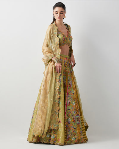 Lime Yellow Hand Embroidered Silk Lehenga Set