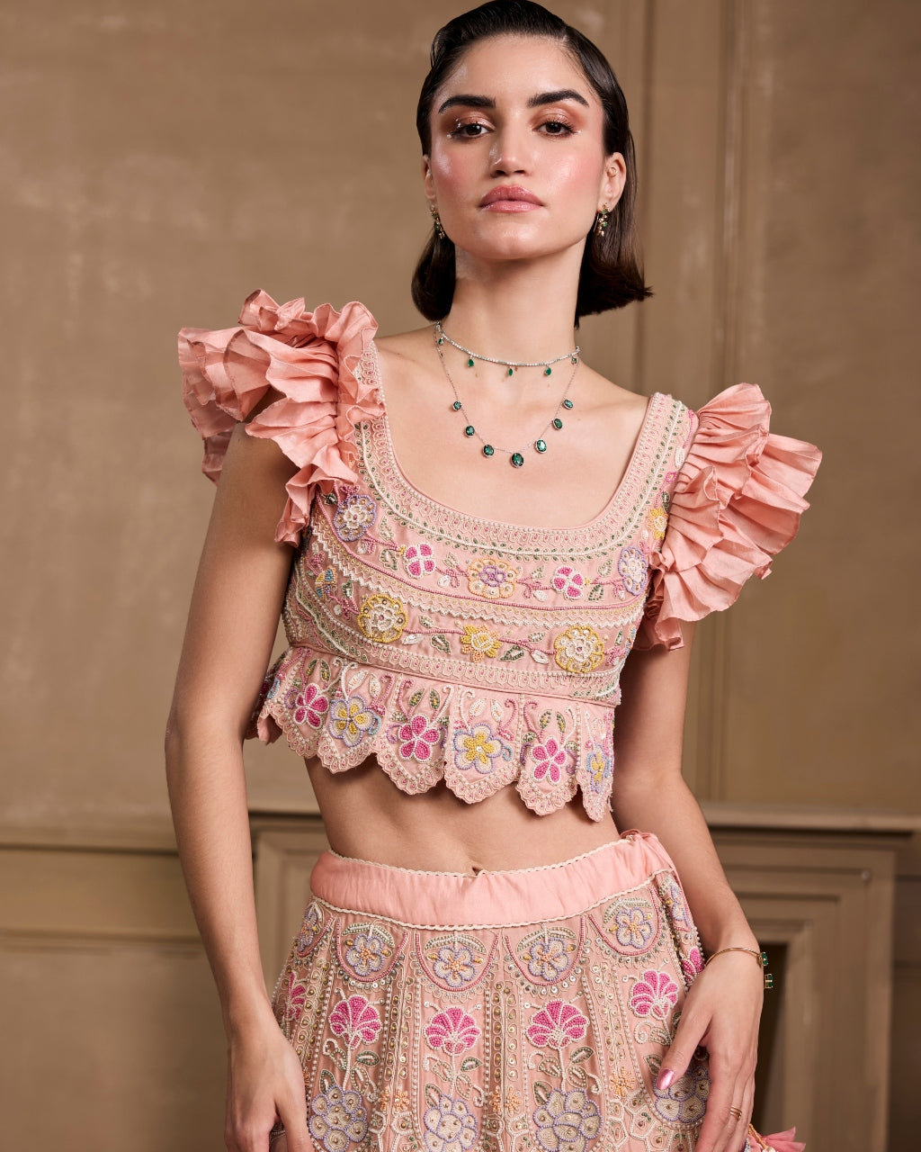 Soft Pink Contrast Ruffled Lehenga Set