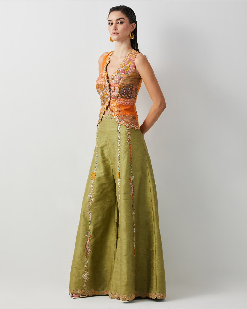 Embroidered Silk Jacket Top With Olive Plazzo Set.