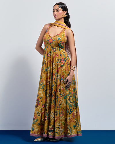 Mustard Yellow Hand Embroidered Anarkali Set
