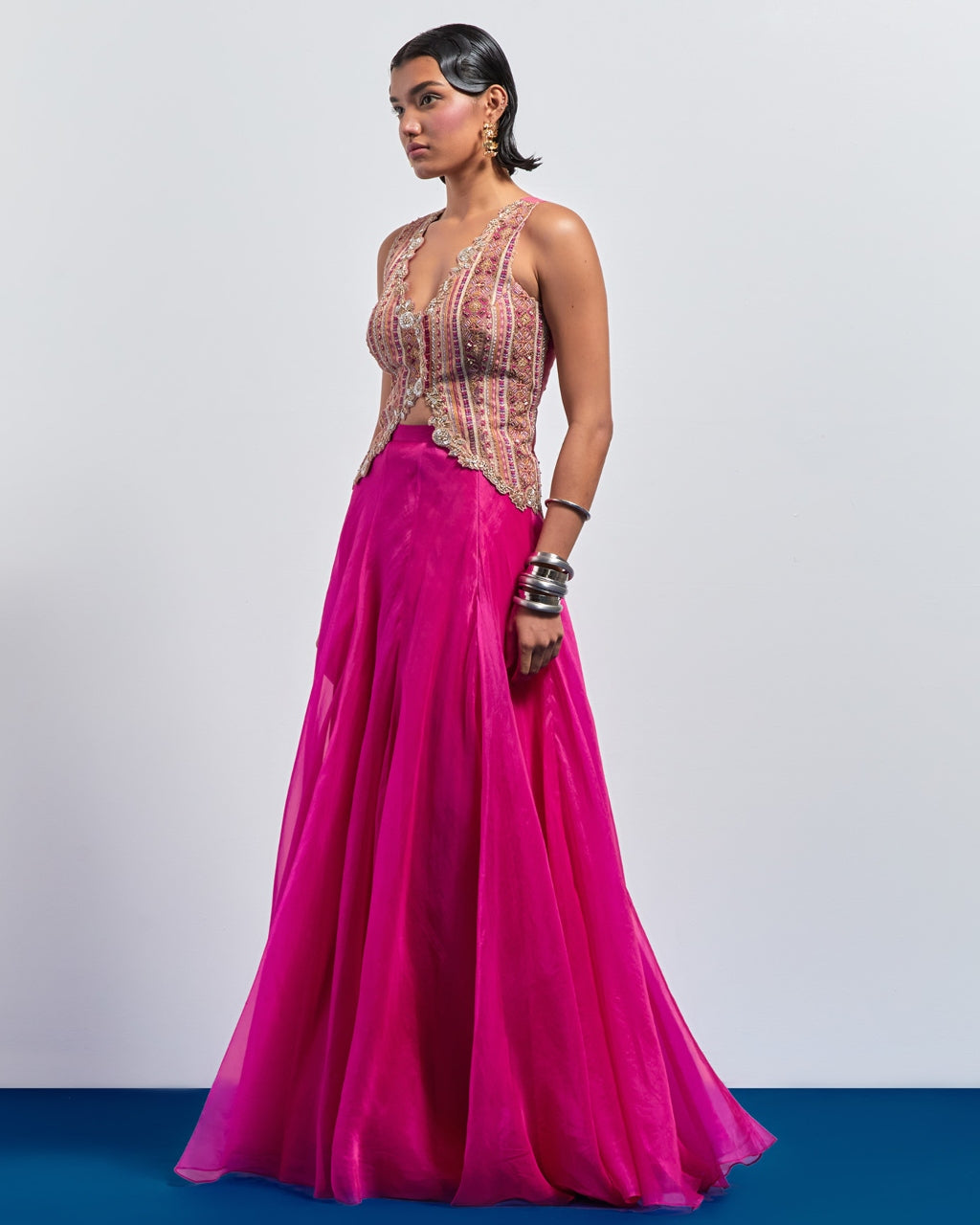 Hot Pink Embroidered Corset Skirt Set