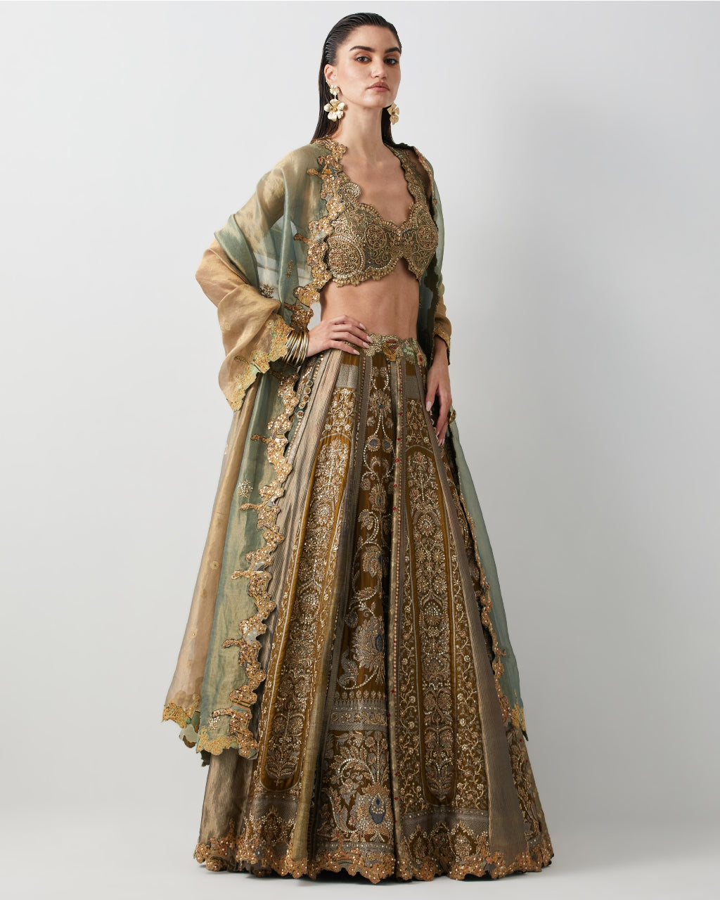 Olive Green Hand Embroidered Silk Brocade Lehenga Set