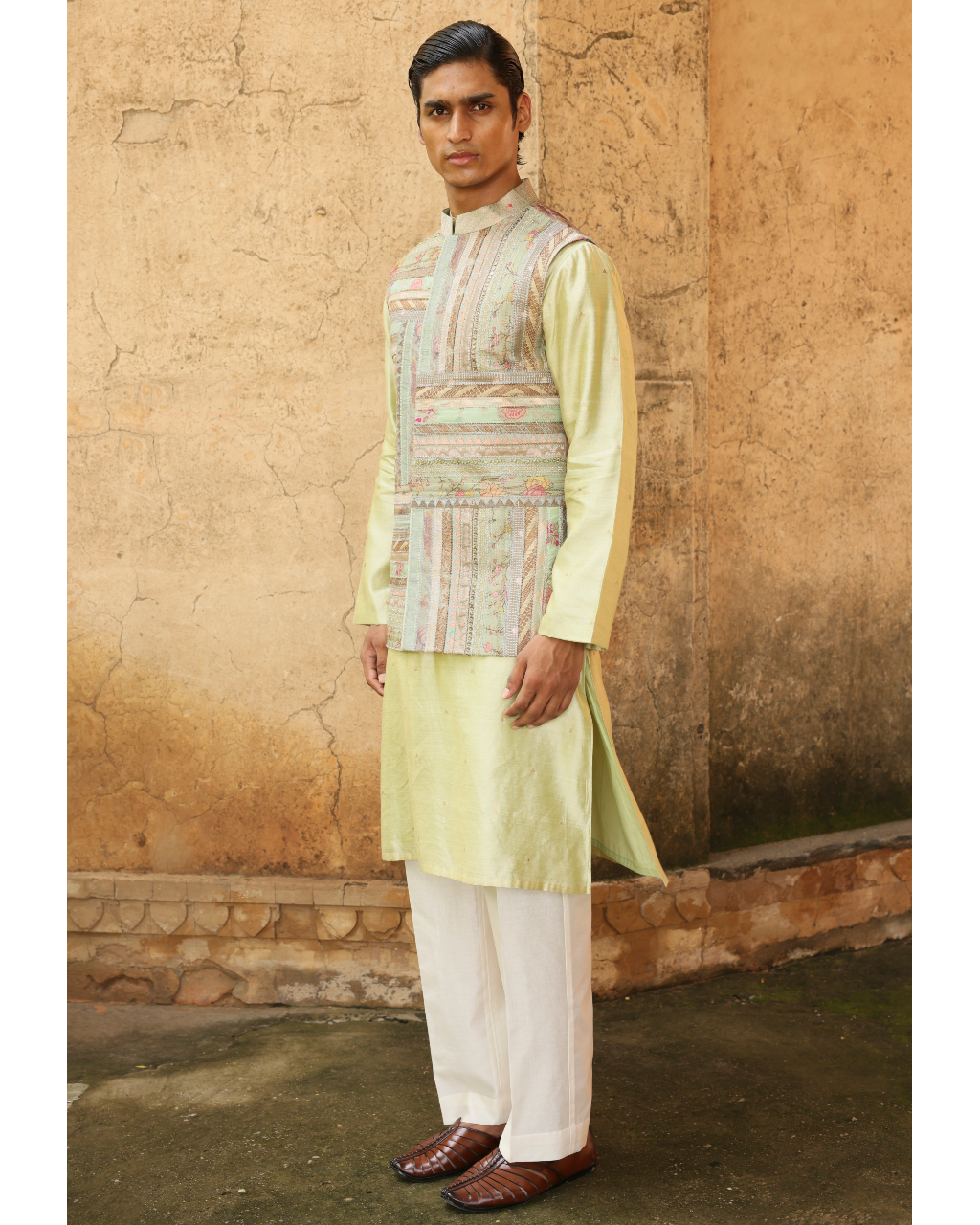Mint Green Silk Kurta Set With Brocade Jacket