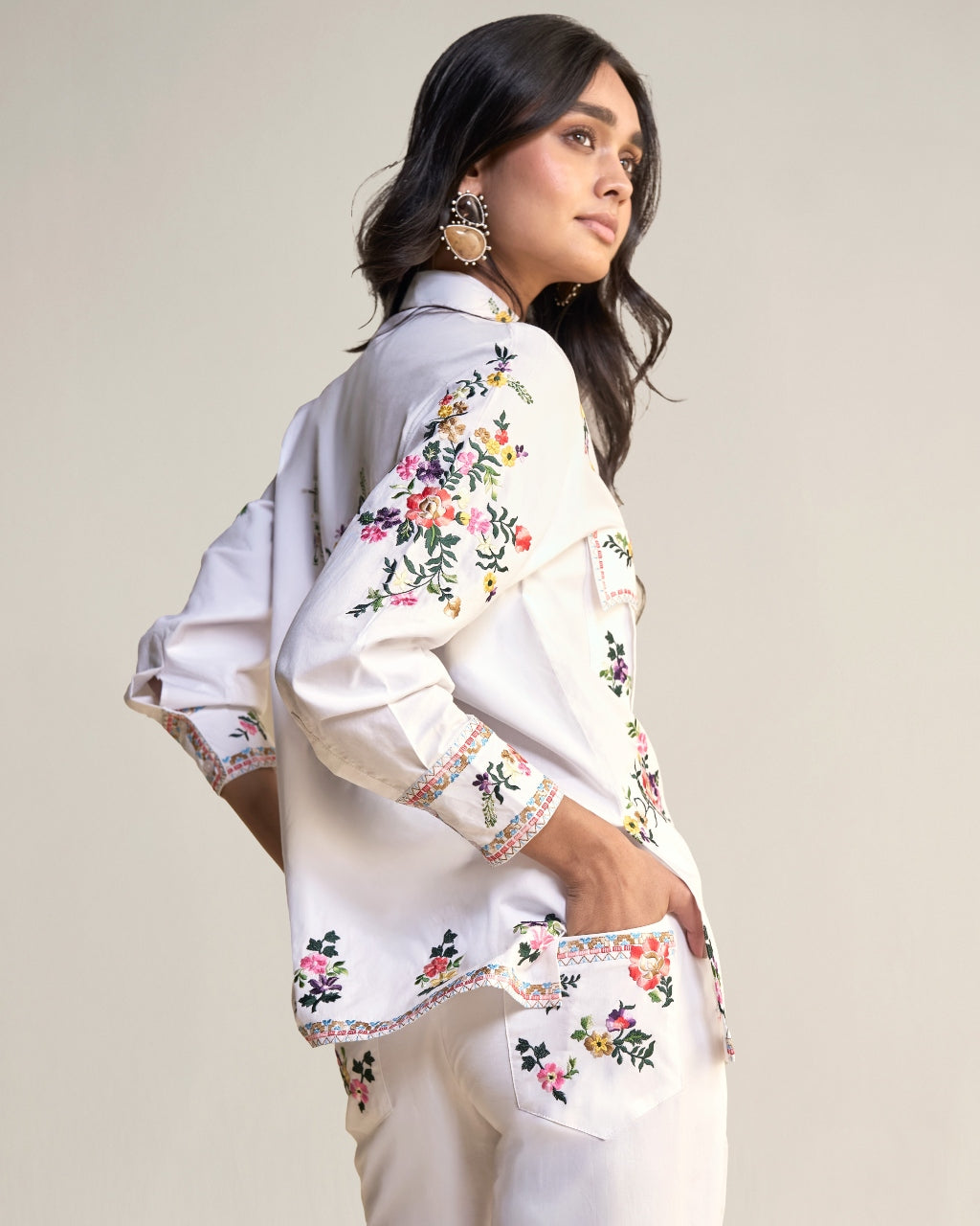 Placement Floral Embroidered Poplin Pant Set