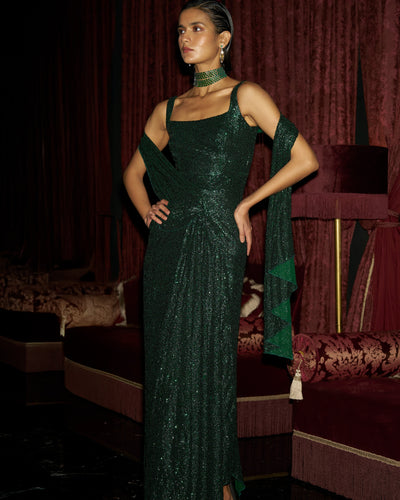 Emerald Sequin Saree Drape Gown