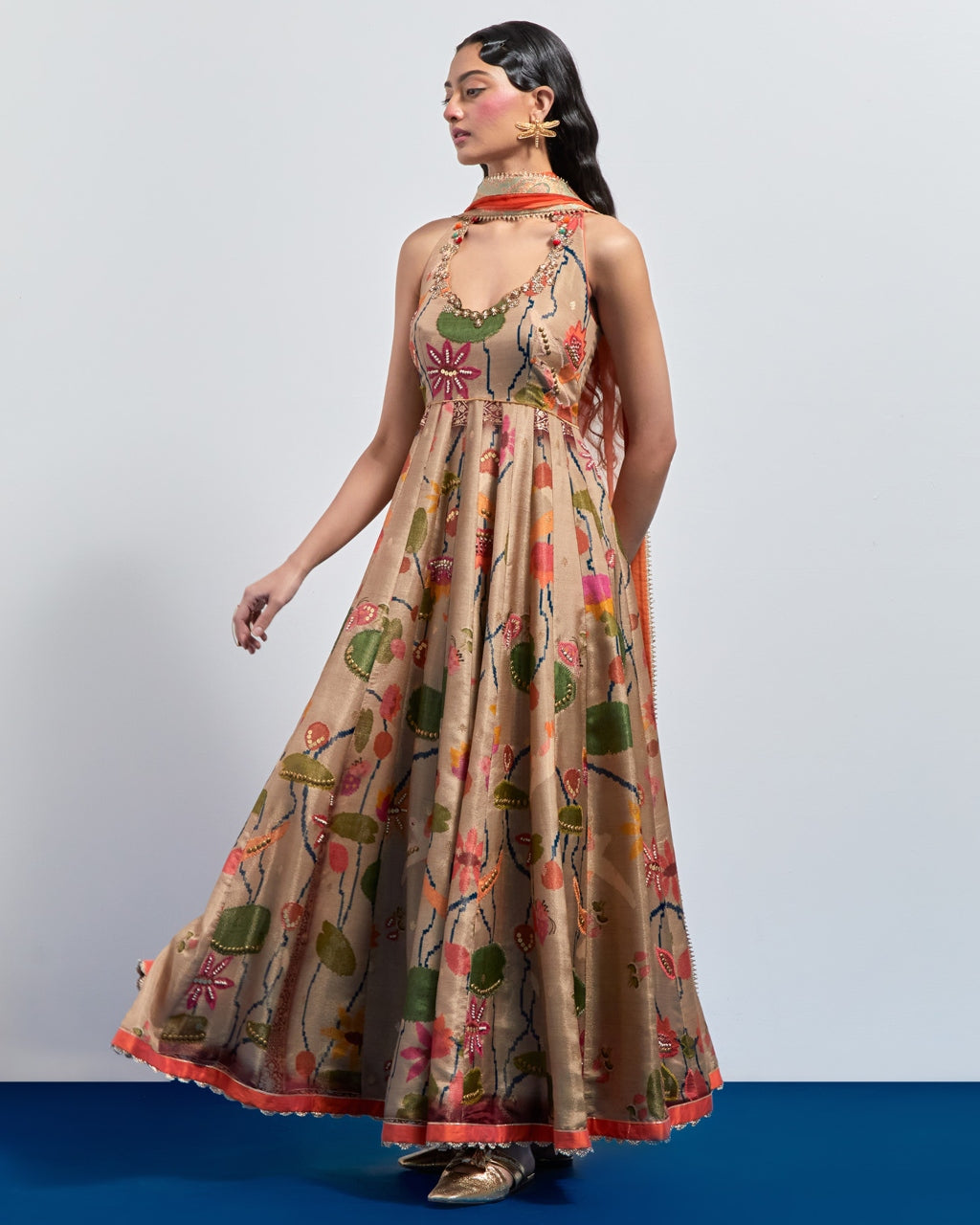 Beige Floral Anarkali Set