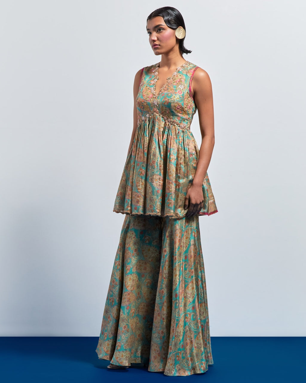 Sage Green Embroidered Peplum Sharara Set