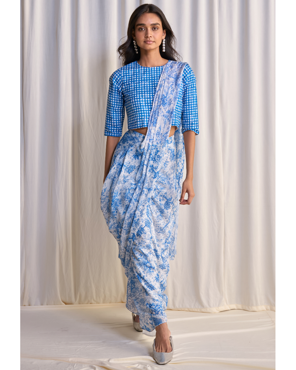 Linen Madras Check Print Top & Toile Print Sari Drape Skirt