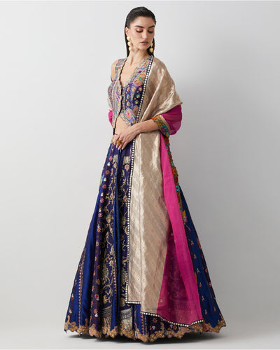 Royal Blue Silk & Brocade Lehenga Set With Corset And Organza Dupatta